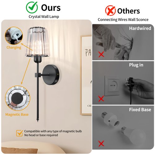 FNHMSL Battery Operated Crystal Wall Sconces Set of Two, Black Wireless Wall Lamp with Crystal Shades, Rechargeable LED Bulbs, 12-Colors Dimmable, Remote for Bedroom, Living Room, Bulbs Included