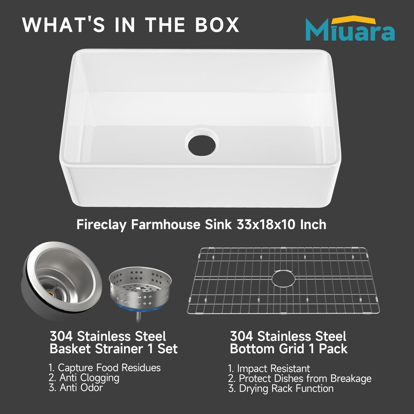 ﻿Miuara Farmhouse Sink 33 Inch - Apron Front Kitchen Sink Reversible 33"x18"x10", Undermount Installation, Farm House Style Single Bowl, Solid Fireclay, Glossy White, for Kitchen