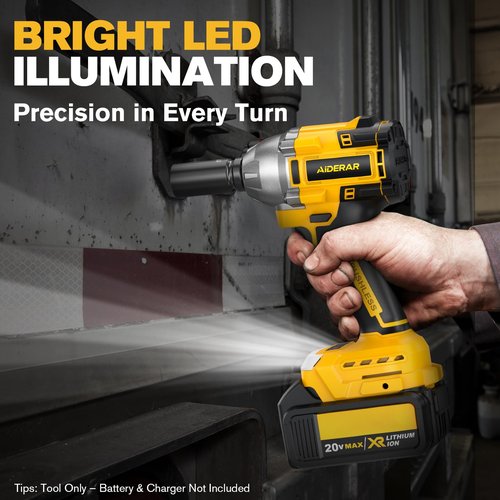 AIDERAR Cordless Impact Wrench for DeWalt Battery, 500Nm (369Ft-Lbs) 1/2" & 1/4" Brushless Impact Gun, 2-Speed High Torque Power Tool for Tire Removal, Rusted Bolts, Car Maintenance(No Battery)