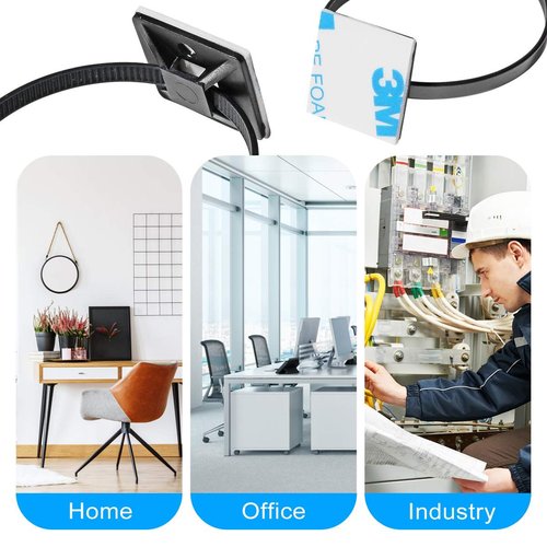XHF 3/4" Strong Back-Glue Self Adhesive Black Cable Zip Tie Mounts 100pcs with 8" Zip Ties, Screws, UV Protection Outdoor Sticky Wire Fasteners Cable Clips Management Anchors Organizer Holders Squares