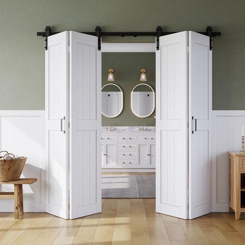 Bifold Barn Door 60" x 84", MDF Bi-Fold Sliding Closet Doors with Hardware Kit Included, Pre-Finished Easy Assembly, Water-Proof PVC Surface & Save Space, H-Frame, 68" Track for 4 Doors,White