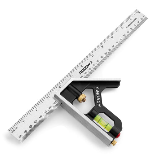 Arrow Combination Square, 12-Inch Combo Square with Stainless Steel Ruler, Zinc Alloy Body and Bubble Level for Carpenters and Craftsmen
