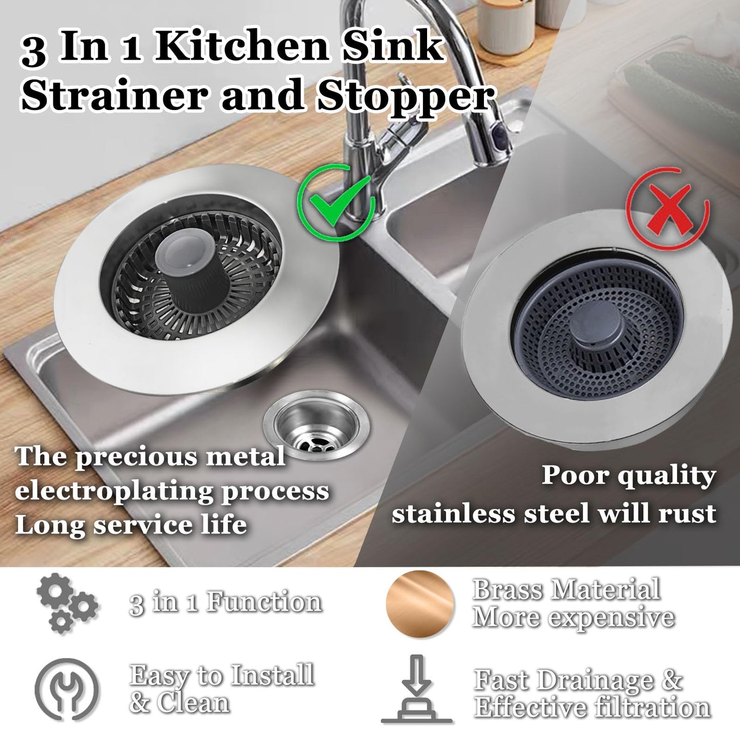 BAOLSLS 3 in 1 Kitchen Sink Stopper, Pop Up Kitchen Sink Drain Strainer, with an Extra Basket Strainer, Kitchen Sink Drain Stopper for US Standard 3-1/2 Inch, Brass Material Electroplate Silver