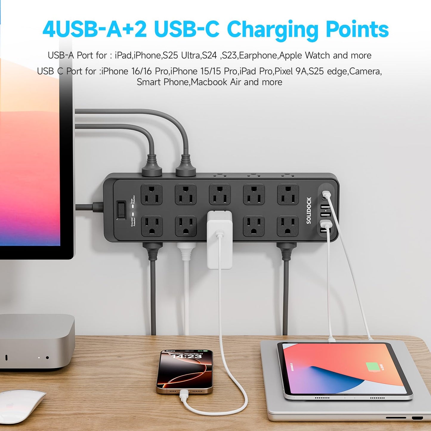 Solidock 20AC Power Strip with USB Ports, Heavy Duty Surge Protector Power Strip 15 Amp, 6Ft Extension Cord with Multiple Outlets