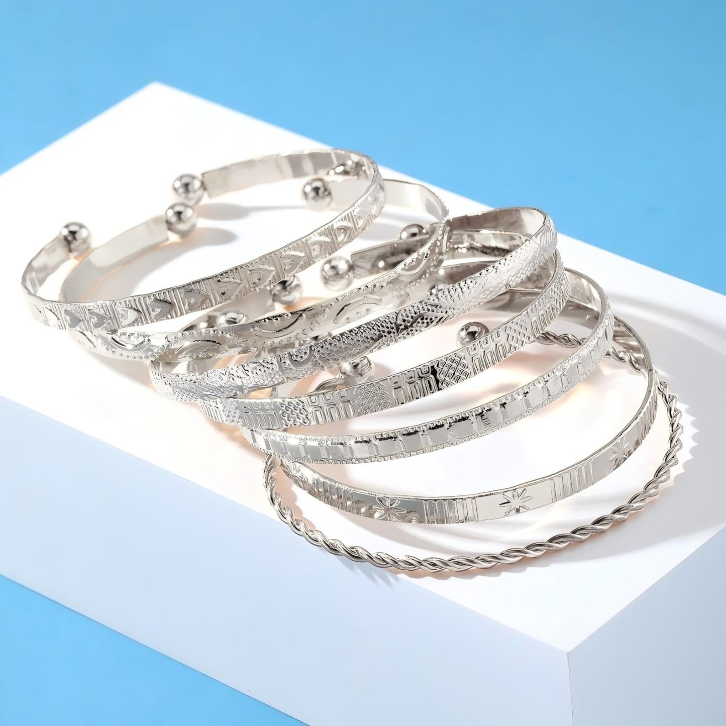 Bangle Bracelet for Women, 7 Pcs Silvery Plated Dainty Layered Chain, 14K Layer Stackable Cuff Bracelet Set (Silvery)
