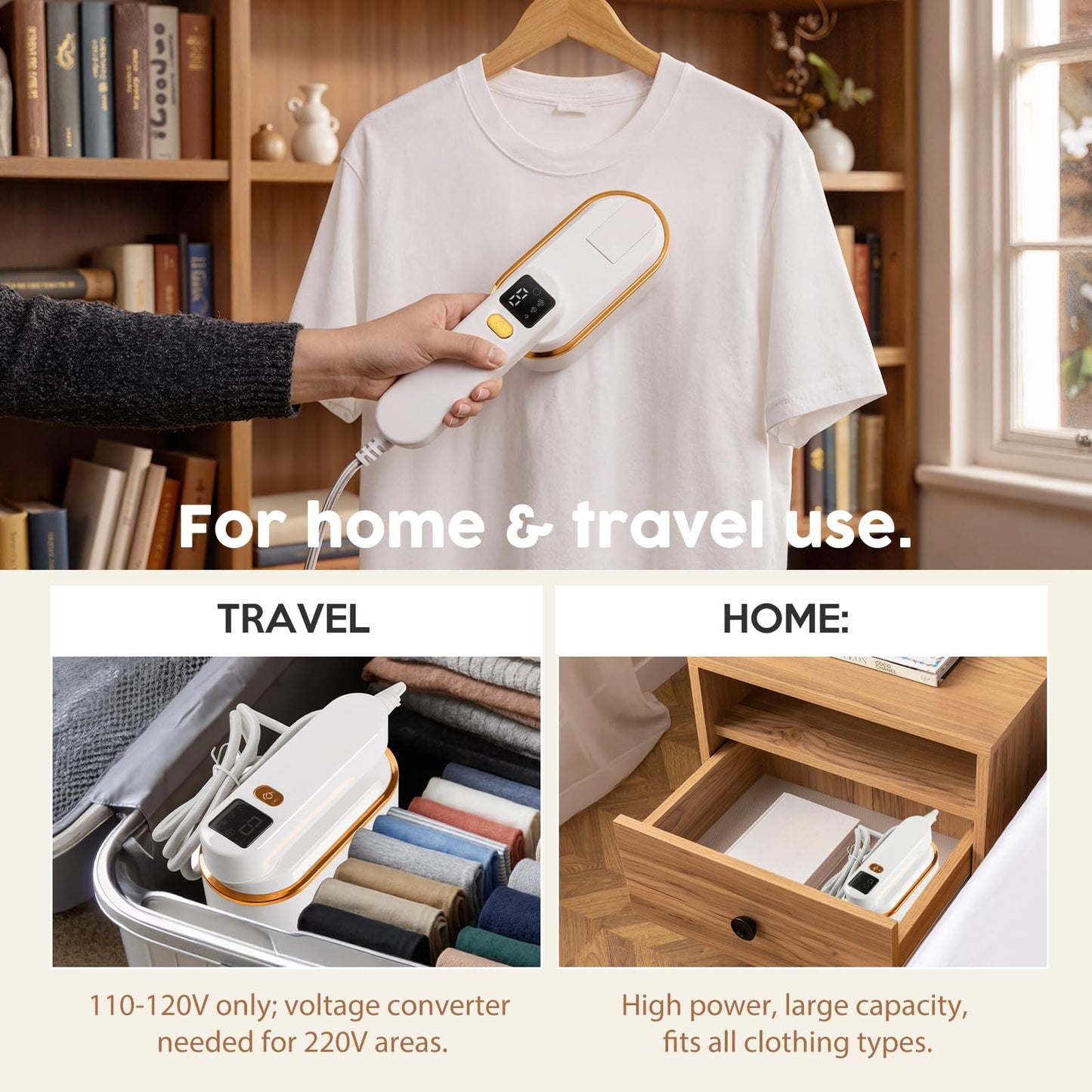 Droyek Portable Travel Steamer for Clothes, 1200W Powerful 2 In 1 Steamer & Iron,10s Fast Heat,4 Modes with LED Display, 150ml Water Tank Powerful Wrinkle Remover for Home,Office, Travel