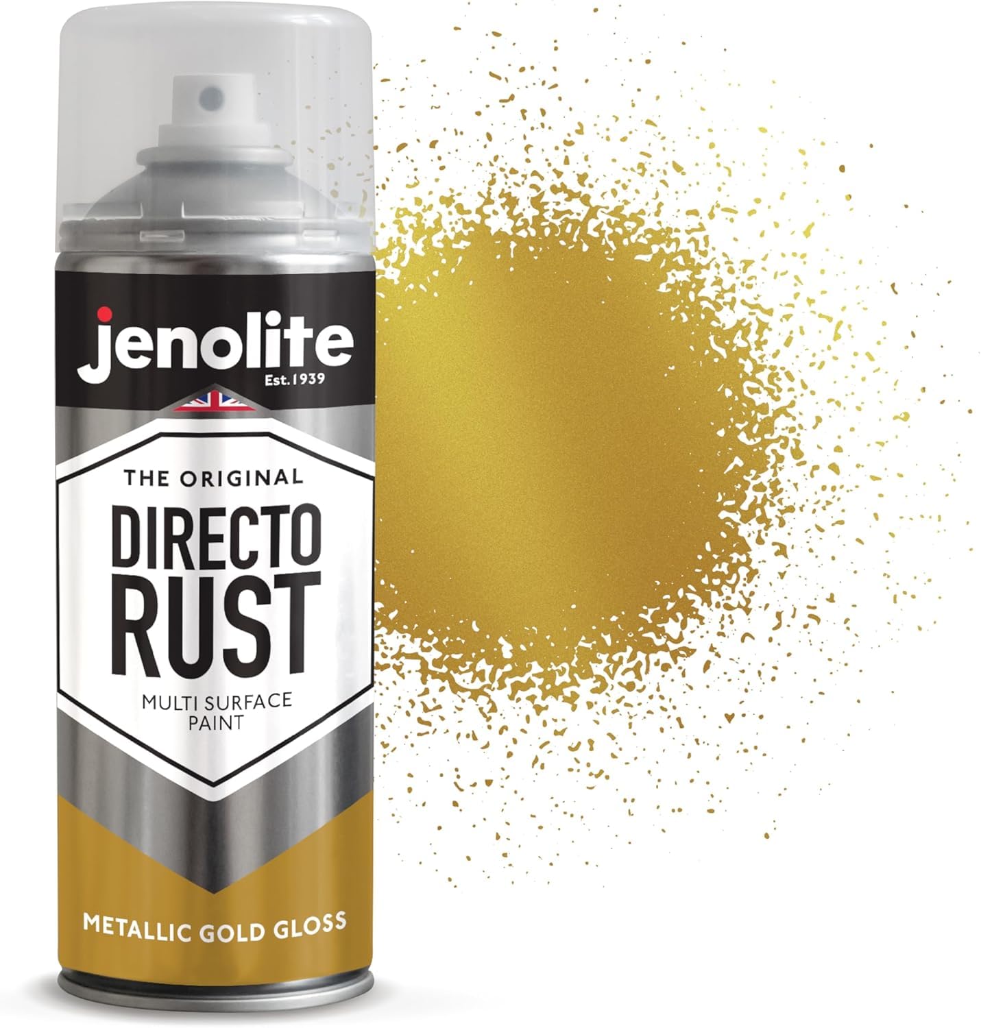 JENOLITE Directorust Spray Paint for Metal - GOLD - Metallic Gloss Finish for Indoor and Outdoor use - Multi-Surface for Metal, Plastic, Ceramic, Wood & Rusted Surfaces - 400ml (13.52fl oz)