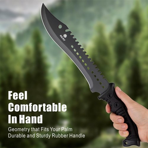 REAT Machete with Shaeth,15" Hunting Knife with 420 Stainless Steel, Ergonomic No-Slip Rubber Handle, Machetes for Bushcraft, Survival, Hunting, Cutting Trees and Yard Work