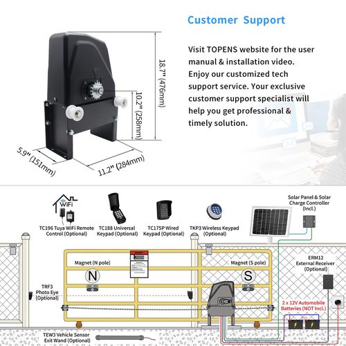 TOPENS DKC1100S Solar Sliding Gate Opener Chain Drive Automatic Gate Motor for Heavy Driveway Slide Gates Up to 2600 Pounds, Electric Gate Operator Battery Powered with Solar Panel Remote Control Kit