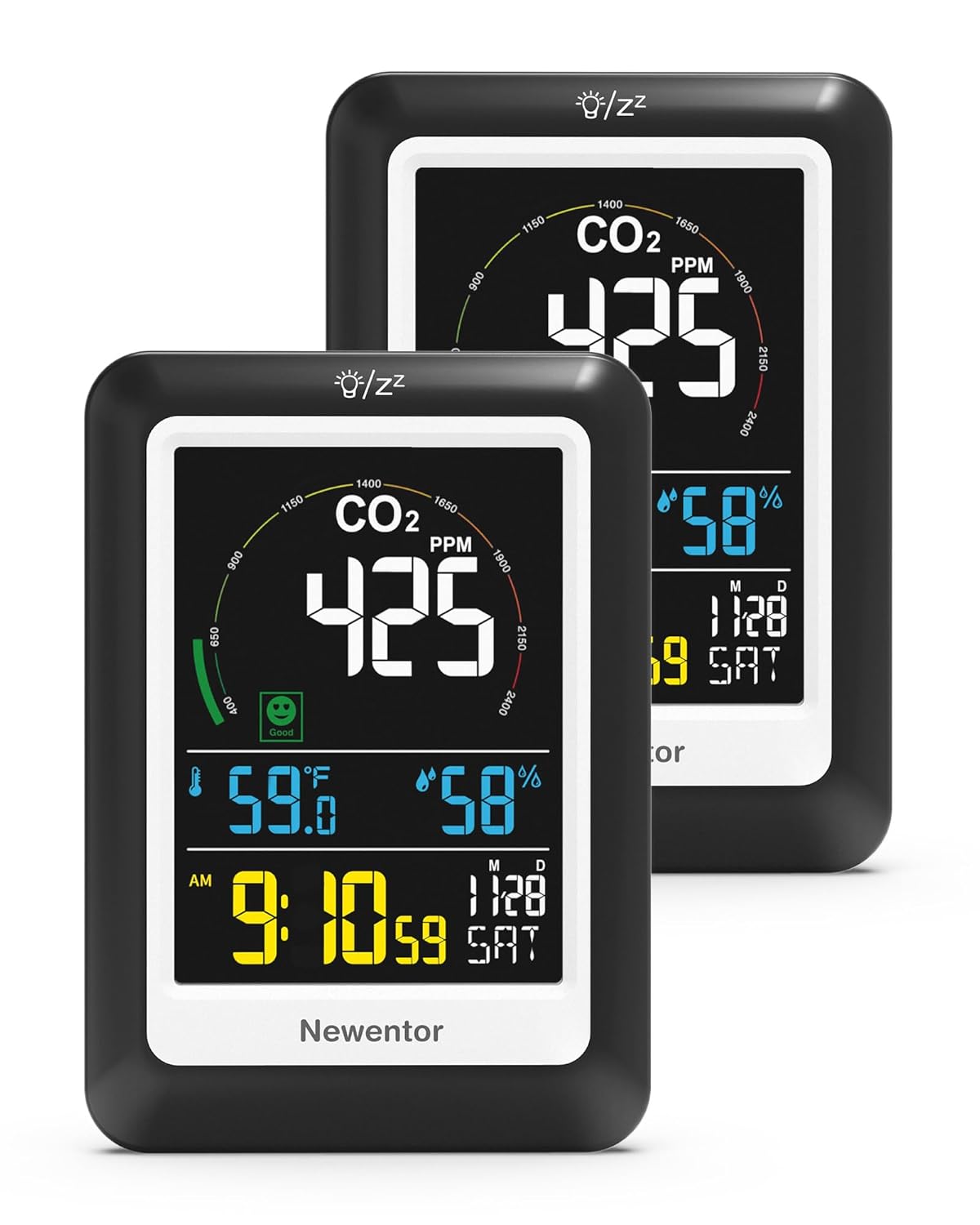 Newentor CO2 Monitor, Indoor Air Quality Meters, Carbon Dioxide Detector with Voice Alert, Large Display CO2 Tester, Temperature Humidity Sensor, Alarm Clock for Home, RV, Grow Tents, Black