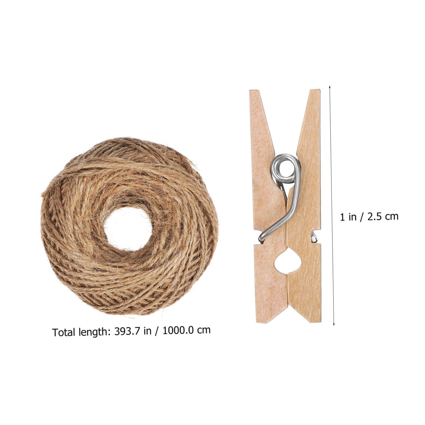 Garneck 1Roll Natural Jute Rope with Wooden Clips Hemp Twine for DIY Crafts Wrapping and Garden Decorations