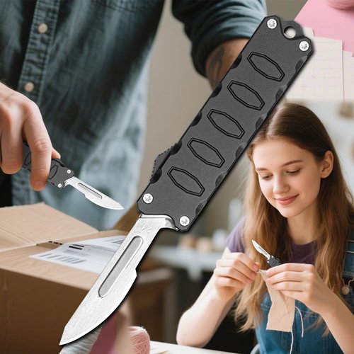 Scalpel Knife, Aluminium Alloy Box Cutter Retractable with Clip, Utility Knife with With 10pcs Carbon Steel Replacement Blades #24 (Black)