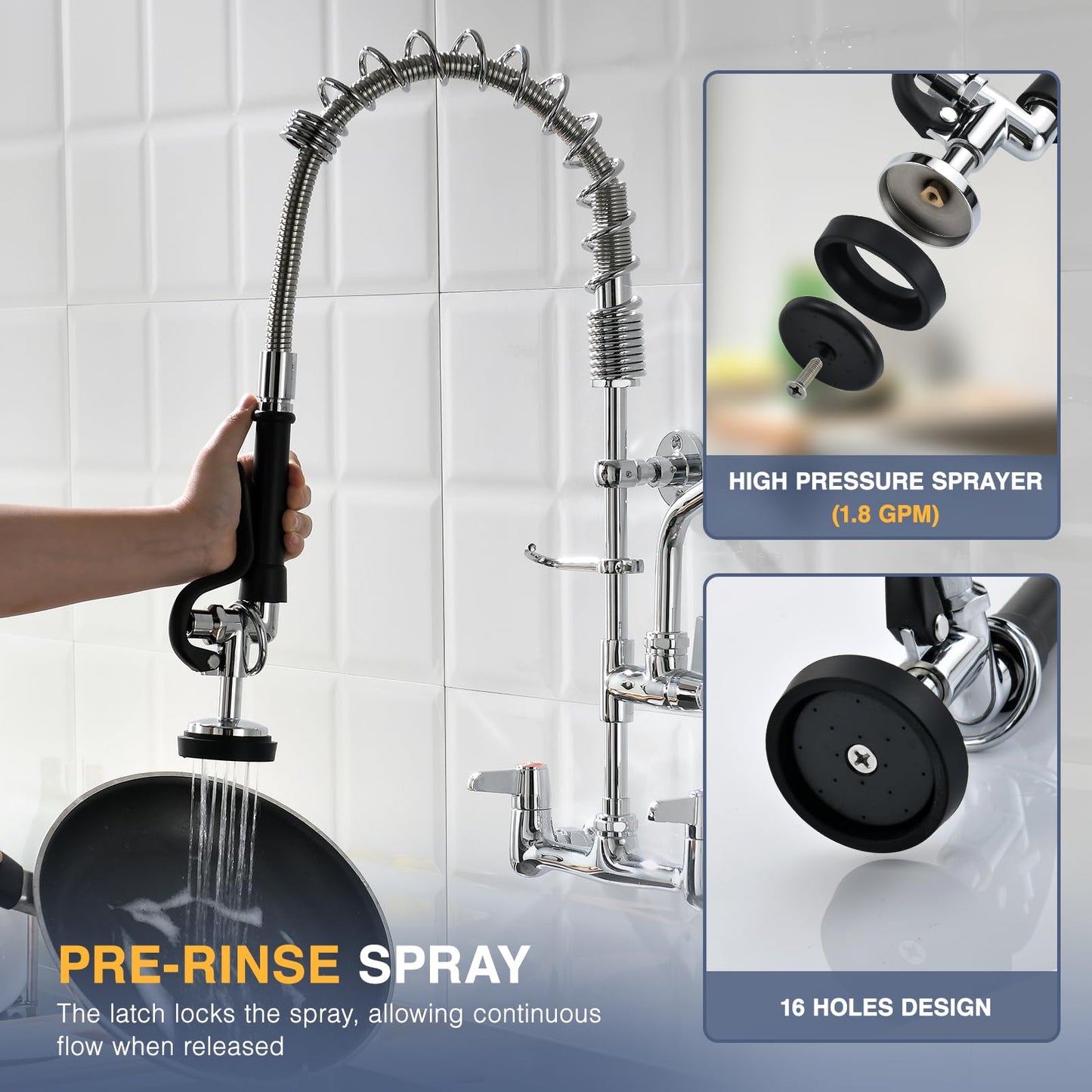 CENOSA Commercial Sink Faucet Wall Mount with Pre-Rinse Sprayer – 8 Inch Center Wall Mount Sink Faucet, 25" Height, 12" Swing Spout, Pull Down Sprayer for Industrial & Restaurant Sinks