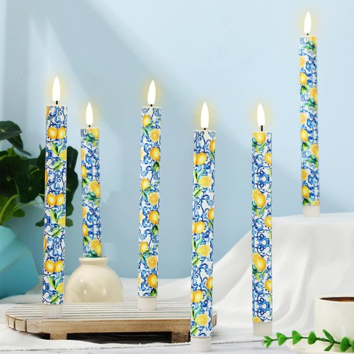 FYSUIMU Lemon Flameless LED Taper Candles Summer Blue Tiles Yellow Lemon Battery Operated Candlesticks Chinoiserie Electric Candle Table Centerpiece for Home Bedroom Dining Room Wedding, 6Pcs