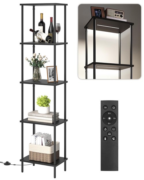 Display Shelf with Light, 5-Tier Shelf Lamp, Corner Floor Lamp with Shelves, Dimmable LED Floor Lamp for Living Room with Remote and Foot Control, 3CCT, Timer, Standing Lamp, Corner Bookshelf