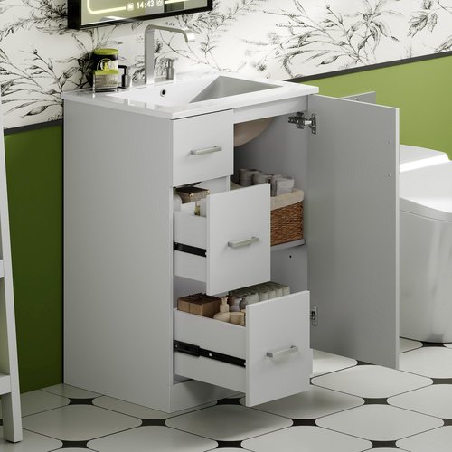 Merax Modern Linear 24" Bathroom Vanity with Sink, Powder Room Small Bathroom Vanity with Storage Cabinet and 2 Drawers, Adjustable Shelf, Ceramic Sink Top, Painted Finish