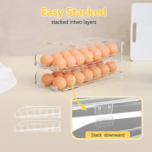 SMRCAD Egg Holder for Fridge, Automatic Steady Rolling Egg Container with Soft Bumpers & Handle for Refrigerator, Stackable Fridge Organizers and Storage with Lid