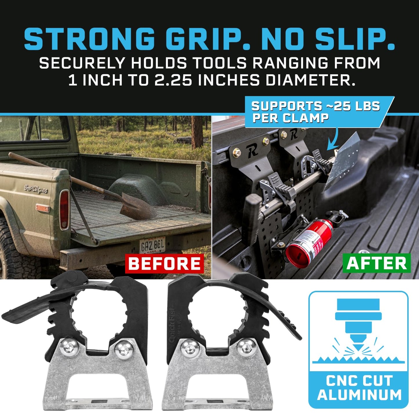 Rago Fabrication Molle Panel Mounts with Quick Fist Clamps for Shovels and Axes - CNC Cut Aluminum Mounting Brackets for Truck Beds - Made in USA