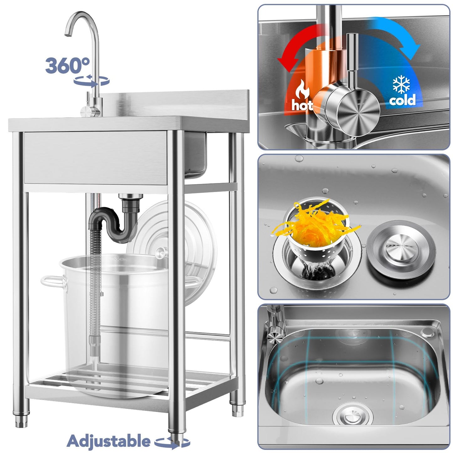 Percince Stainless Steel Utility Sink - 22in, Freestanding Single Bowl Laundry Sink with Cabinet and Cold/Hot Water Pipe, Utility Sink for Laundry Room, Garage Indoor and Outdoor (22inch)