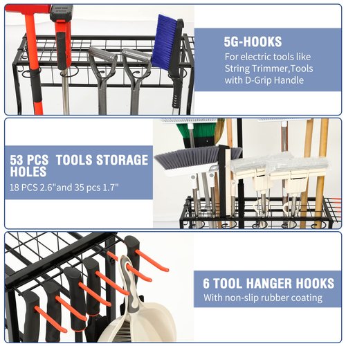Garden Tool Organizer for Garage, Garden Tool Rack, Up to 58 Long Handled Tools, Yard Tool Holder for Garage, Shed, Outdoor, Tool Stand, Black (Garden Tool Rack)