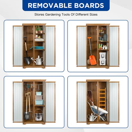 Outdoor Storage Cabinet Wood & Metal with Waterproof Roof, Garden Tool Shed with 3 Removable Shelves, 4 adjustable reinforced feet with metal brackets, 6 T-Hinge, magnetic door,15.6"D x 32.3"W x 66"H