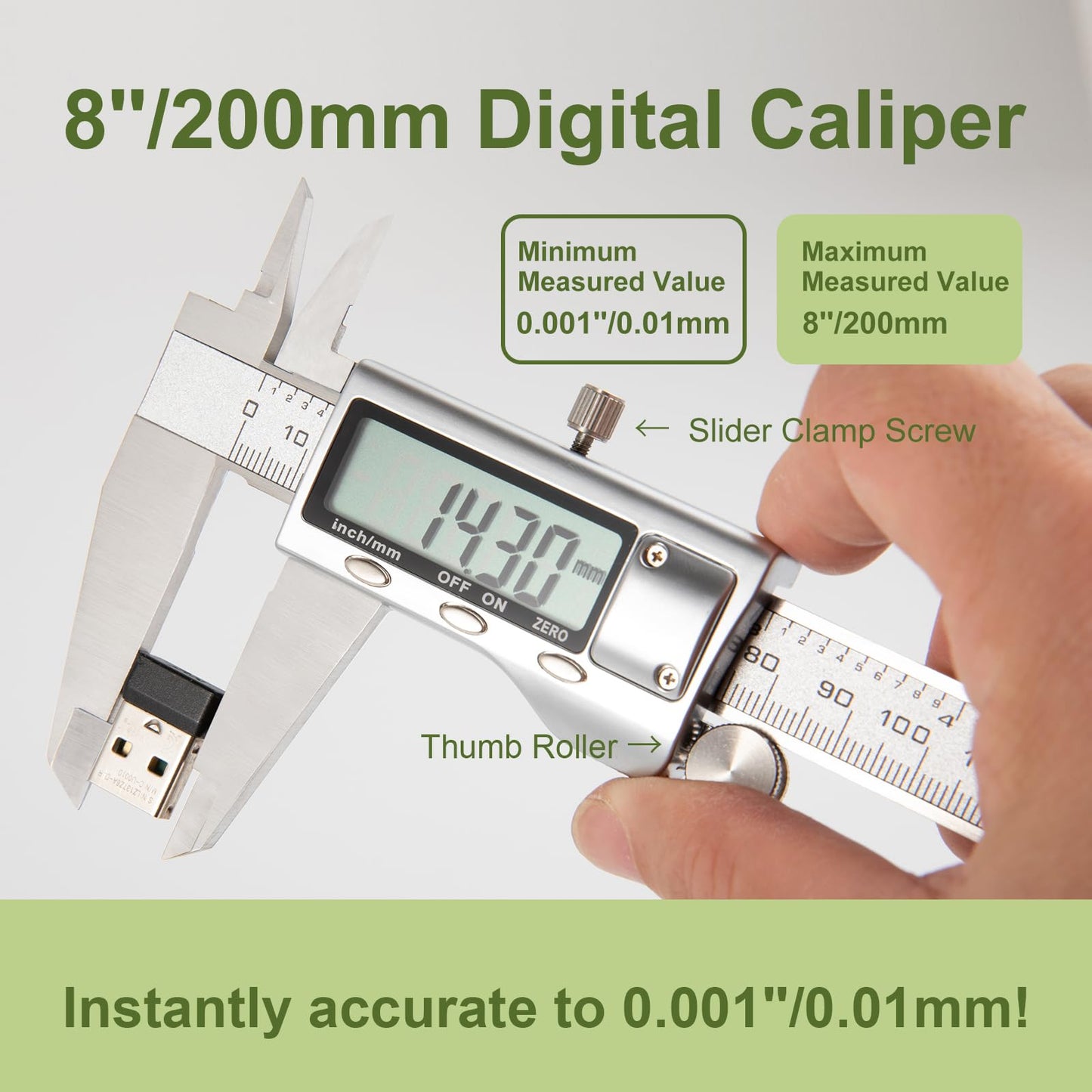 SCITOOLS All-Metal Digital Caliper 0-8" Measuring Tool, Micrometer Caliper with Auto-Off Feature, Interchangeable Between inches and millimeters for DIY/Household and 3D Printing