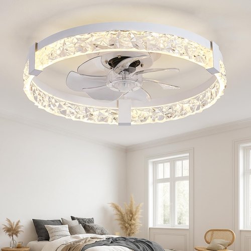 SIYOMG Low Profile Ceiling Fan with Light and Remote - 19.7'' Smart Fan, with Remote Control/WiFi/APP, 6 Speed Settings, Dimmable 3000K-6000K LED, Flush Mount Ceiling Fan for Bedroom(White)