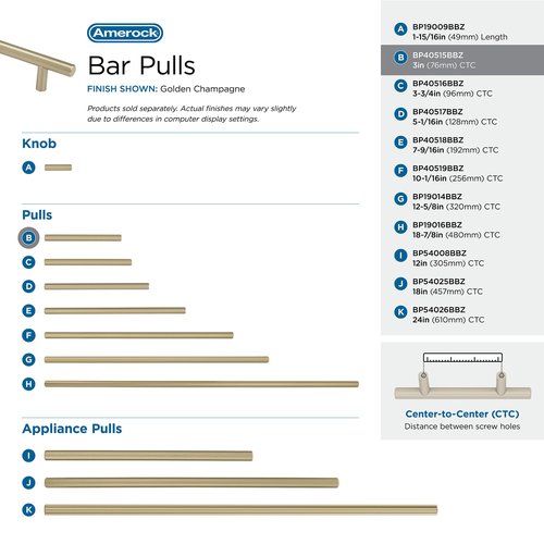 Amerock Bar Pulls 3 in (76 mm) Center-to-Center Golden Champagne Cabinet Pull - 10 Pack