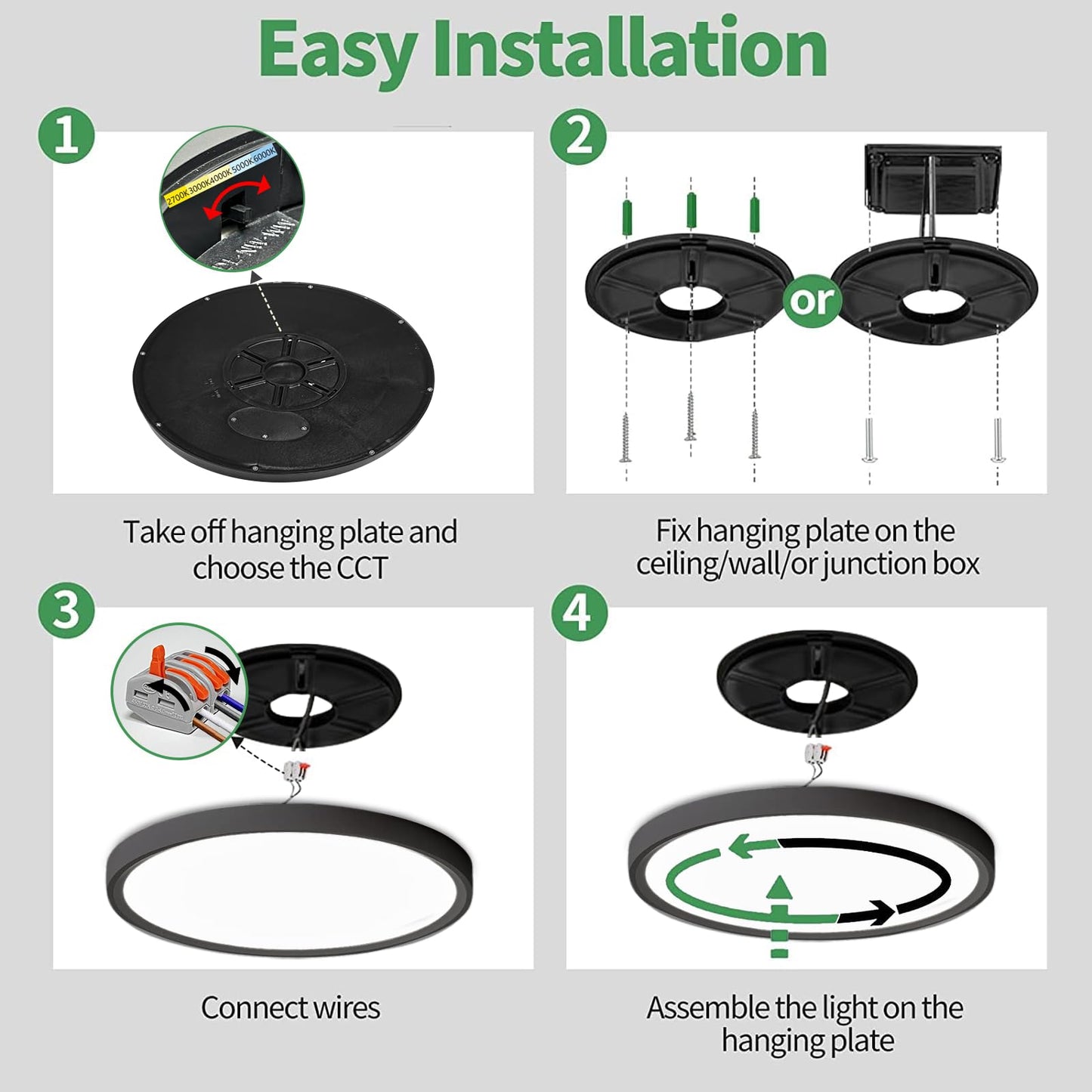 6PK 12 Inch Dimmable LED Flush Mount Ceiling Light,24W, 2520LM, 2700K/3000K/4000K/5000K/6000K CCT Selectable, Round Flat Panel Light Low Profile Ceiling Lamp for Bedroom/Kitchen/Living Room, Black