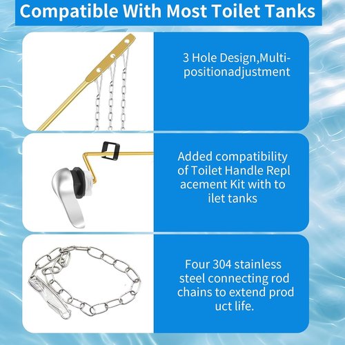 HOPKASE 2PCS Toilet Handle Replacement Kit, Side Mount Universal Toilet Bowl Kit, Chrome Toilet Tank Trip Lever with Stainless Steel Rod & Flapper Chains for Most Toilets.