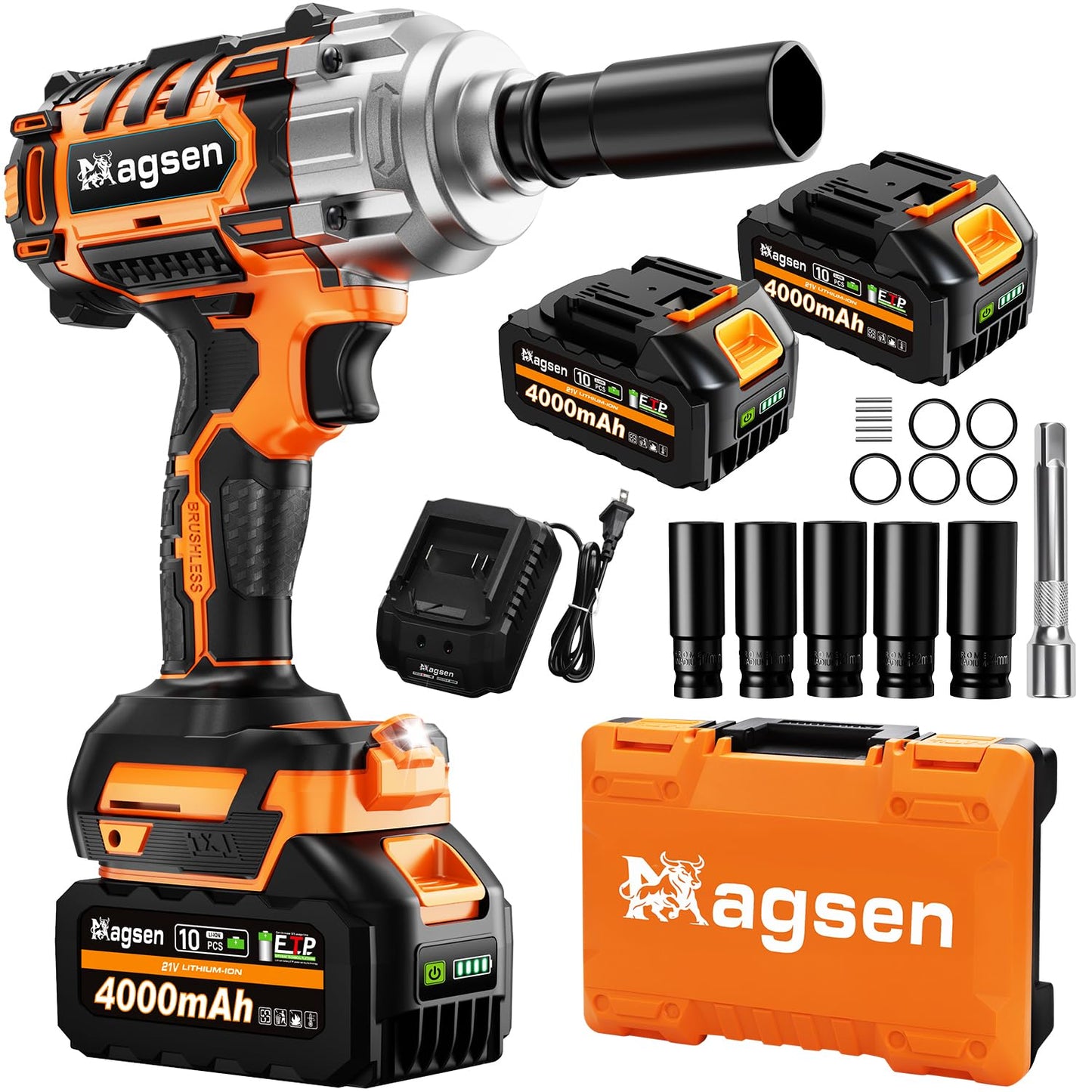 MAGSEN Cordless Impact Wrench 1/2 inch, High Torque 900Ft-lbs (1200N.m) Brushless Impact Gun,3800RPM,2x4.0 Battery, 6 Sockets,LED Work Light,Electric Impact Motor Variable Speeds for Car/Mower/Pickup