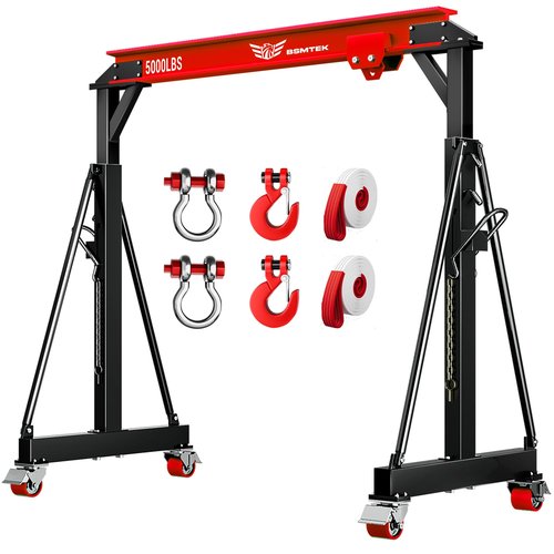 BSMTEK 2 Ton Gantry Crane – Adjustable Height (8.53-12.5 FT) & Width (9.06 FT), Heavy-Duty Shop Lift Hoist with 5000 Lb Manual Trolley，Red