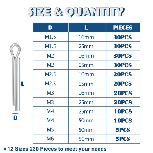Tugermoola 230PCS 12 Sizes Cotter Pins Assortment Kit 304 Stainless Steel Split Pin Fastener Clips OLA001