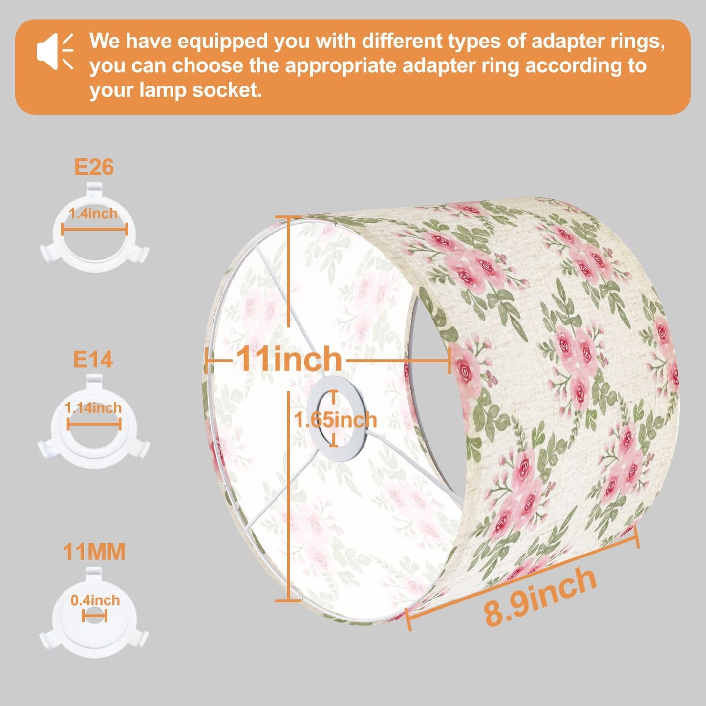 Boho Drum Lamp Shades - 11" x 11" x 8.9" Flower watercolor seamless white Replacement Natural Linen Lampshades for Table Lamps, Floor Lamps Easy Assembly