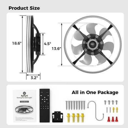 Aphyni Ceiling Fans with Lights and Remote, Low Profile Ceiling Fan, Modern Flush Mount LED Fan Light, 6 Wind Speeds Fandelier Ceiling Fan with Light for Bedroom, 3000-6500K Dimmable (18.6" Black)