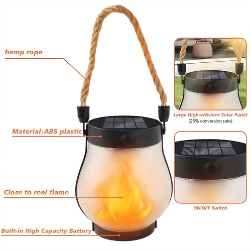 Flickering Flame Solar Lanterns, Camping Lantern Outdoor Lights, Automatic Light Sensor, Solar & USB-C Charging, Waterproof Hanging Lantern for Pathway Yard Patio Porch Garden Decor (1PCS)
