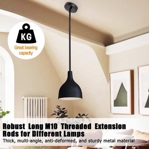 M10 Threaded Extension Rods Kit for Sloped Ceilings – 8 Heavy-Duty Iron Rods & 4 Adapters, Fits Chandeliers/Pendant Lights (Feylan)
