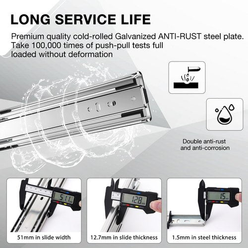 REGUDA Heavy Duty Locking Drawer Slides Full Extension Runners with Lock 12 14 16 18 20 22 24 26 28 30 32 34 36 38 40 Inch Side Mount Ball Bearing Rails Track Glides 150 Lbs (Without Lock, 12 inch)