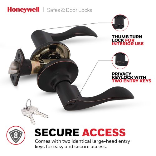 Honeywell Safes & Door Locks - Interior & Exterior Wave Lever Door Handle with Keys - Door Lever for Bedroom - Anti-Bump Resistant - Reversible for Right & Left Sided Doors, Oil Rubbed Bronze, 8106401