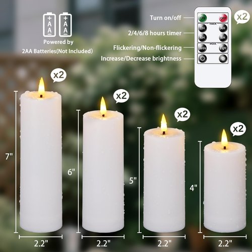 Vtobay 8pcs Waterproof Plastic Flameless 2.2" x4" 4" 5" 5" 6" 6" 7" 7" Flickering White Candles with Remote and Timer, Outdoor LED Battery Operated Warm Light Long Lasting 600 Hrs