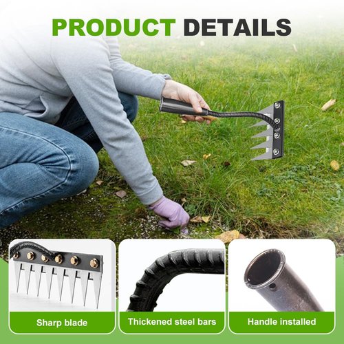 Iron Weeding Rake 2.0, 2025 Upgrade 5/6/7/8 Teeth Carbon Steel Garden Weeder Rakes, Iron Rake for Gardening and Weedings, Heavy-Duty Garden Hand Weeder Puller Tool for Yard Lawn and Garden (5 Teeth)