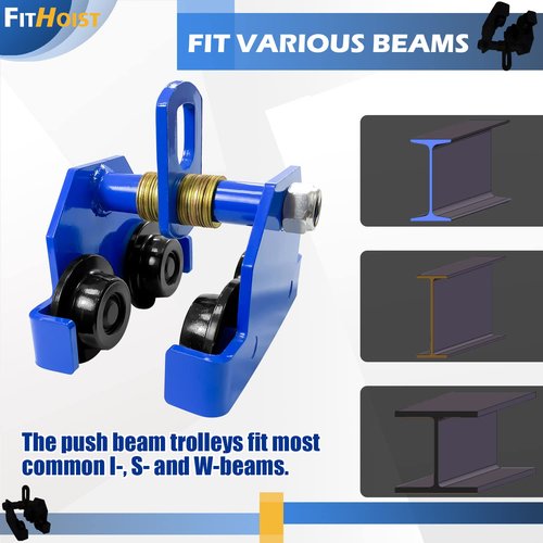 FITHOIST Manually Trolley 1/2 Ton | 1100LBS Capacity Steel Push Beam Trolley | Adjustable for I-Beam Flange Width 2.7" to 4.5" | Installed onto Various Beams