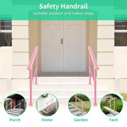Adjustable Handrails for Outdoor Steps – Pink Metal Stair Railing with Flexible Angle Design, Porch Railing Fits 1 to 2 Steps or Horizontal Use, Unique Wrought Iron Hand Rails with Installation Kit