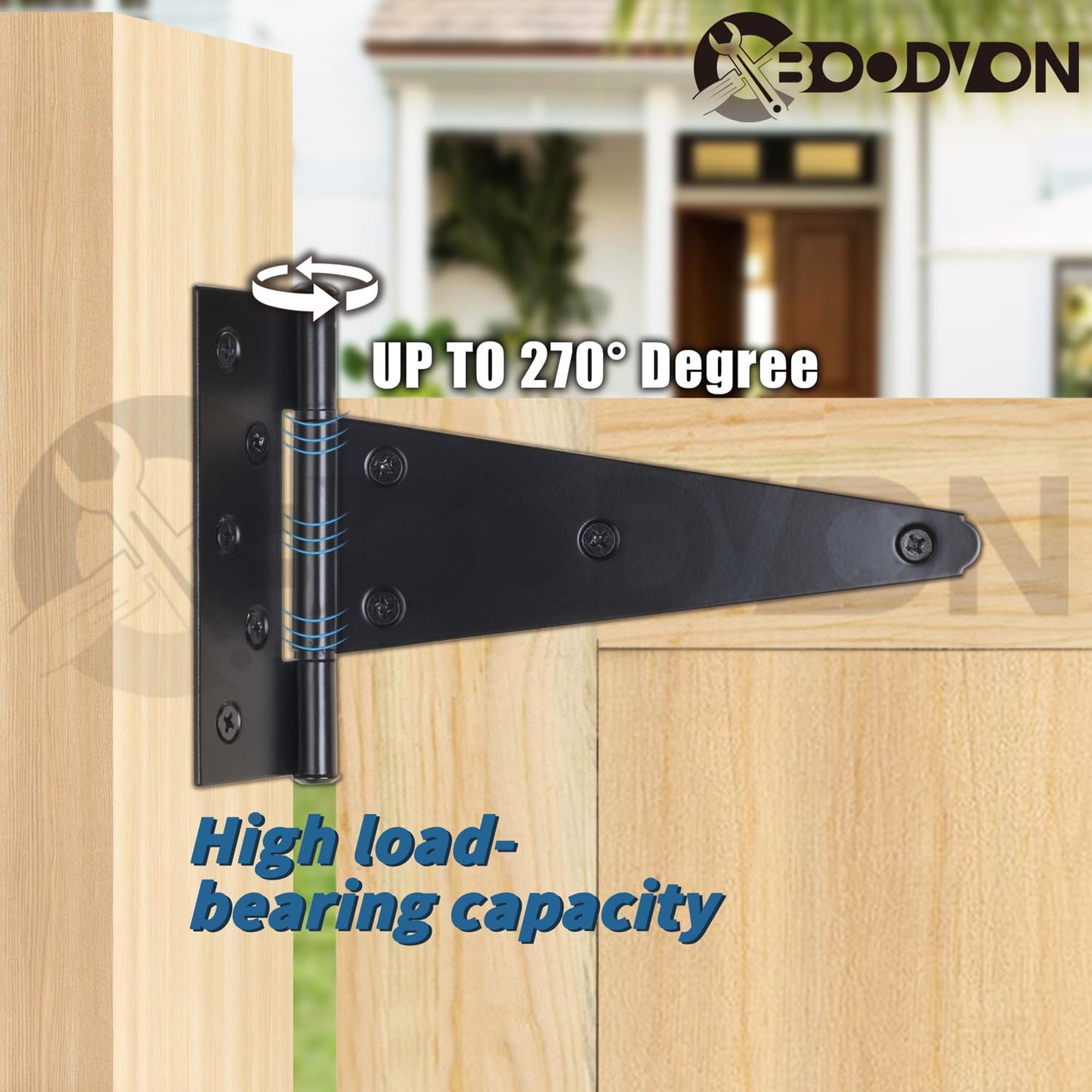 BOODVON 8 Inch T-Strap Gate Hinges, Shed Barn Door Hinges Heavy Duty, Black Tee Hinges for Wooden Fences, Yard Gate, Wrought Hardware Iron Rustproof (2Pack/Set)