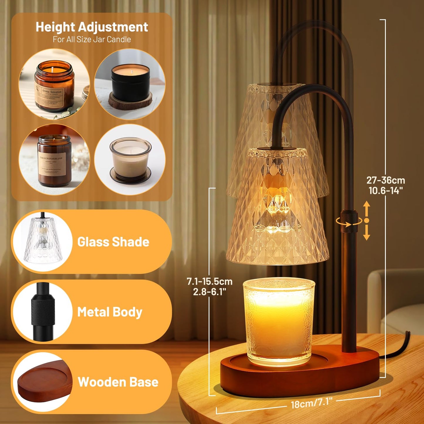 Candle Warming Lamp with Timer : Adjustable Light Level Adjustable Height Flameless Safety Candle Lamps - Jar Candles Home Decoration