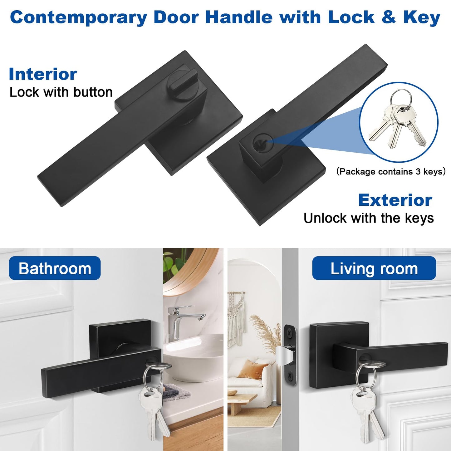 Estmoon Door Lock Matte Black Door Knob with Lock, Heavy Duty Keyed Front Door Handle Exterior Lockset, Entrance Exterior Door Knob for Bedroom, Bathroom, Front Door, Office, 1 Pack