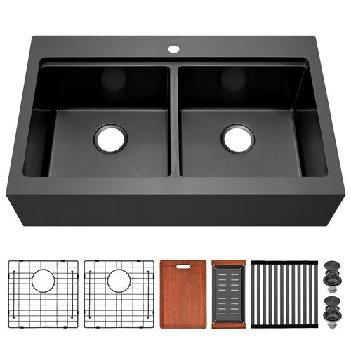 MONSINTA Black Farmhouse Kitchen Sink, 33 Inch Farm Sink, 33" x 22" x 10" Large and Deep Double Bowl Workstation Kitchen Sinks, 16 Gauge Stainless Steel Farm house Apron Front Sinks With Accessories