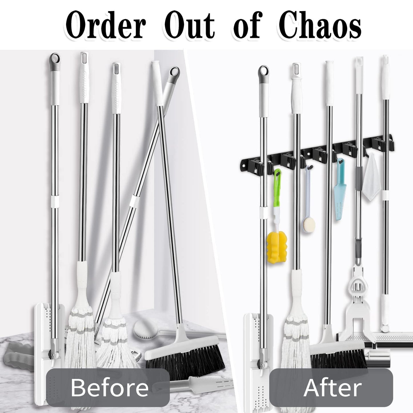 AceMining 2 Pack Black 5 Racks and 4 Hooks Mop and Broom Holder Wall Mount, Broom Organizer Storage Tool Racks Stainless Steel Heavy Duty Hooks Self Adhesive Solid Non-slip for Home Kitchen Garden