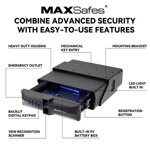 Drawer Safe with Super Biometric Finger Vein Recognition Lock for Two Pistols Storage Safe Quick Access with Biometric Fingerprint Under Desk Drawer Gun Safe for Home and Vehicle