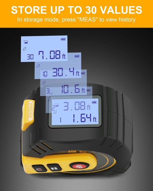 262Ft/80M Laser Tape Measure 2-in-1, 16Ft/5M Tape Measure with Auto-Lock, Laser Measuring Tape with with M/in/Ft/Ft+in, LCD Display Pythagorean, Area, Volume for Construction DIY Woodworker